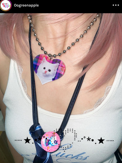 Oogreenapple Purple Glitter Resin Cat Heart Beaded Chain Women&