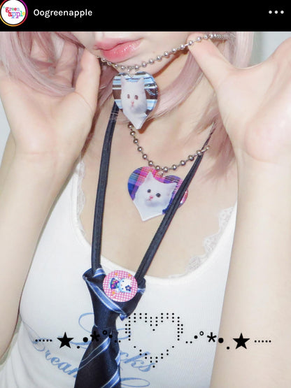 Oogreenapple Purple Glitter Resin Cat Heart Beaded Chain Women&