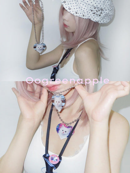 Oogreenapple Purple Glitter Resin Cat Heart Beaded Chain Women&