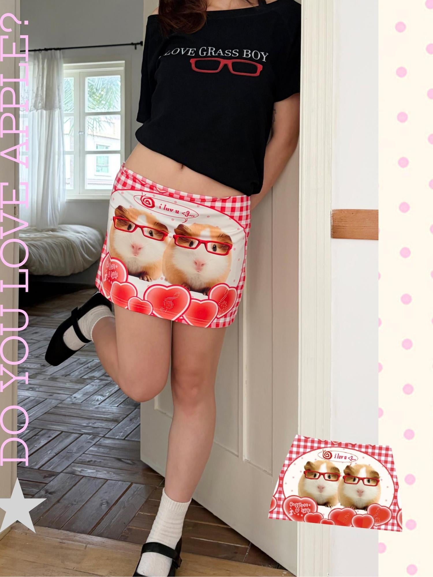 Oogreenapple Quirky Plaid Heart Guinea Pig A Line Print Women&
