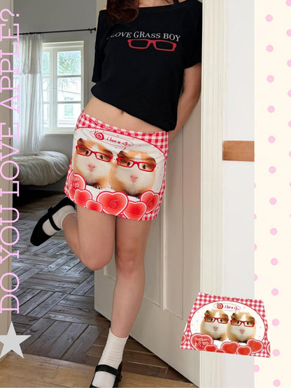 Oogreenapple Quirky Plaid Heart Guinea Pig A Line Print Women&