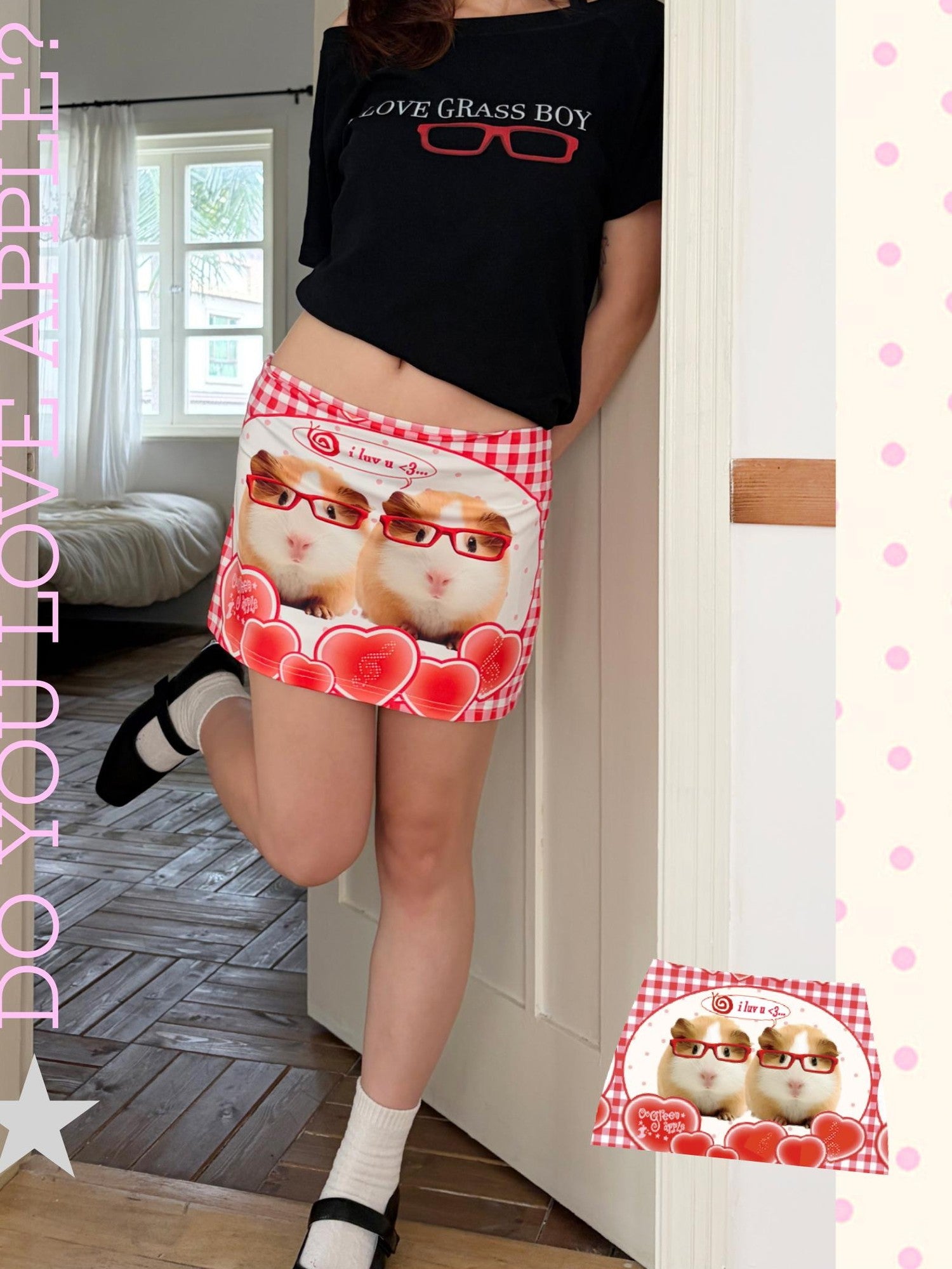Oogreenapple Quirky Plaid Heart Guinea Pig A Line Print Women&