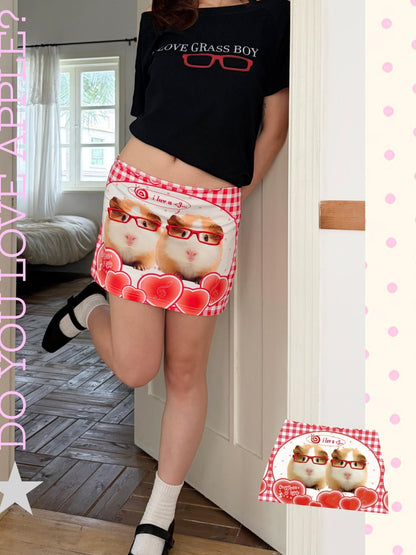 Oogreenapple Quirky Plaid Heart Guinea Pig A Line Print Women&