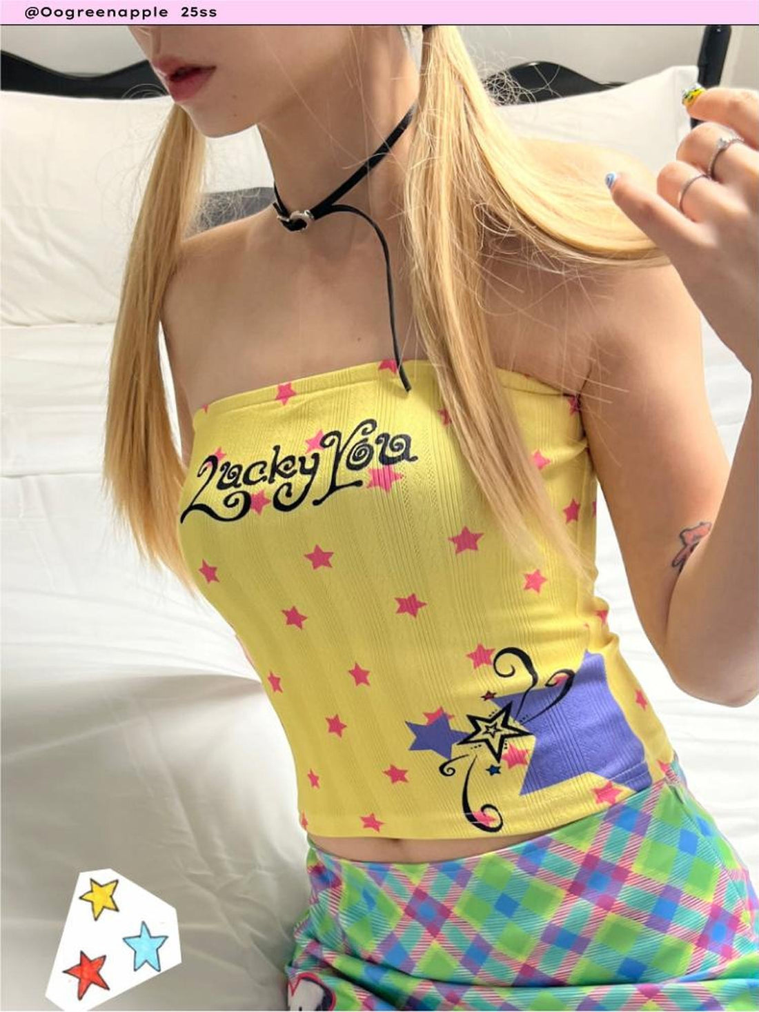Oogreenapple Star Print Off Shoulder Cropped Slim Fit Polyester Women&