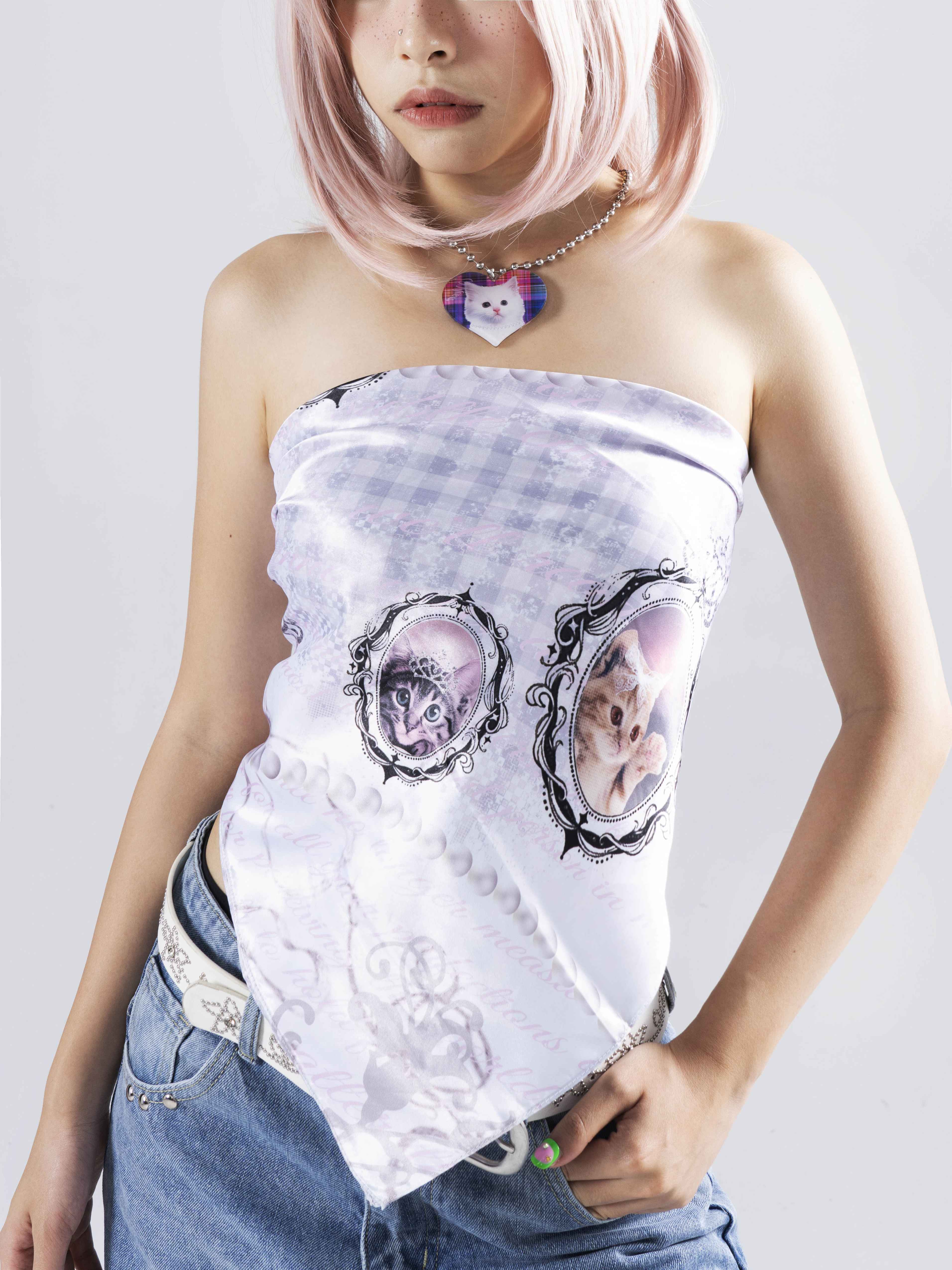 Oogreenapple_Vintage_Cat_Print_Y2k_Rectangular_Bandeau_Women&