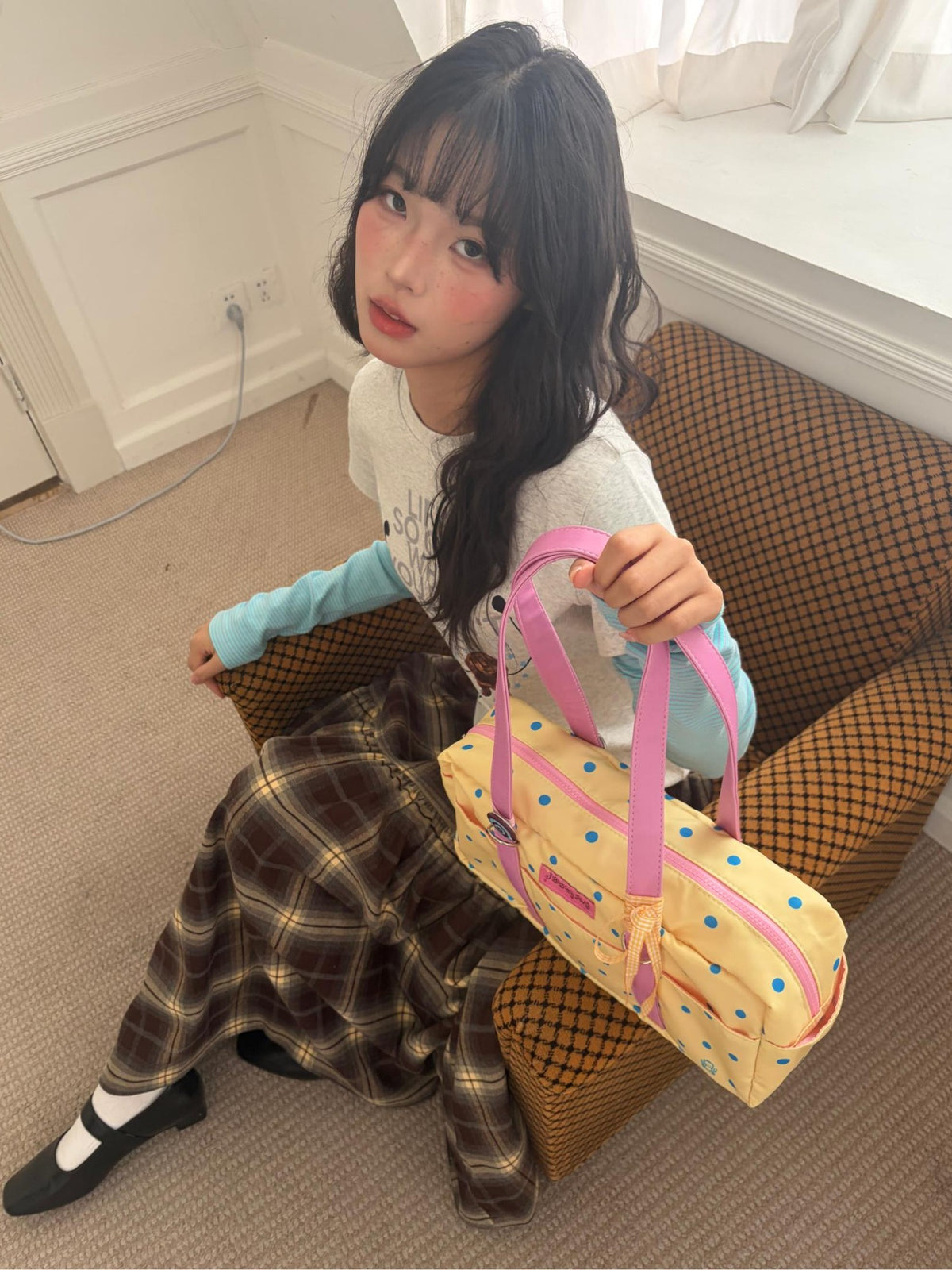 Oogreenapple Yellow Blue Polka Dot Square Tote Women&