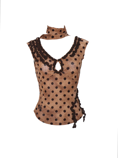 Flowers birds Market Low Cut Lace Trimmed Slim Fit Polka Dot Vest Top