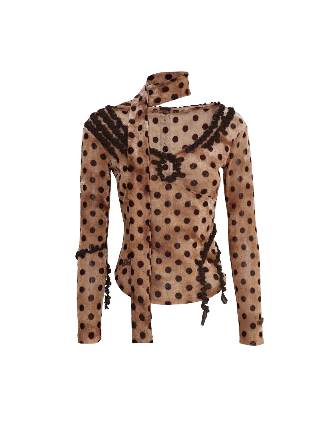 Flowers birds Market Polka Dot Control Velvet Vintage Slim Long Sleeve Blouse
