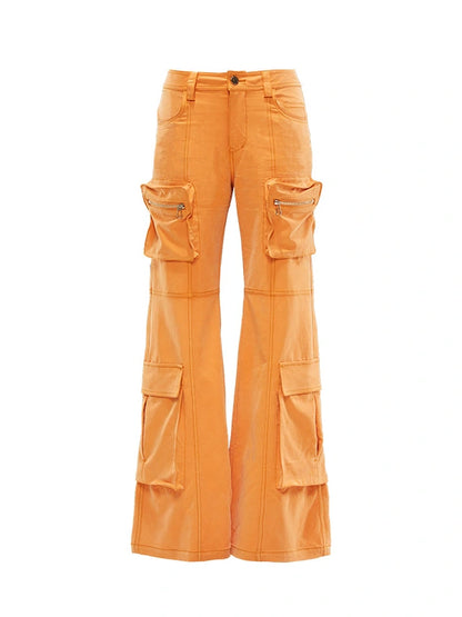 Orange Utility Cargo Pants With 3D Pockets