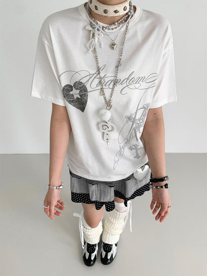 atrandom Original Hollow Mirror Print Loose Fit Black White T-Shirt