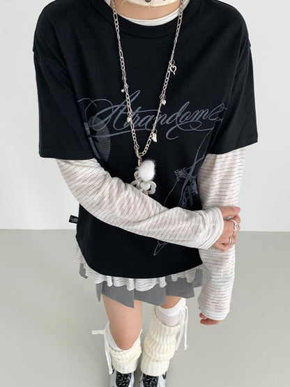 atrandom Original Hollow Mirror Print Loose Fit Black White T-Shirt