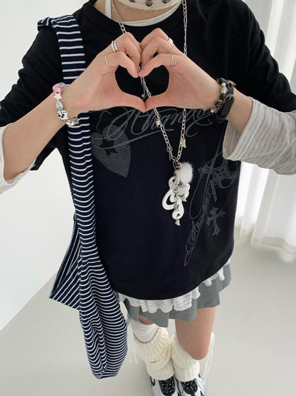 atrandom Original Hollow Mirror Print Loose Fit Black White T-Shirt