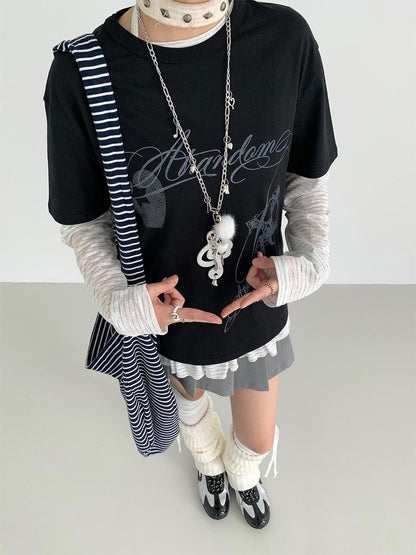 atrandom Original Hollow Mirror Print Loose Fit Black White T-Shirt