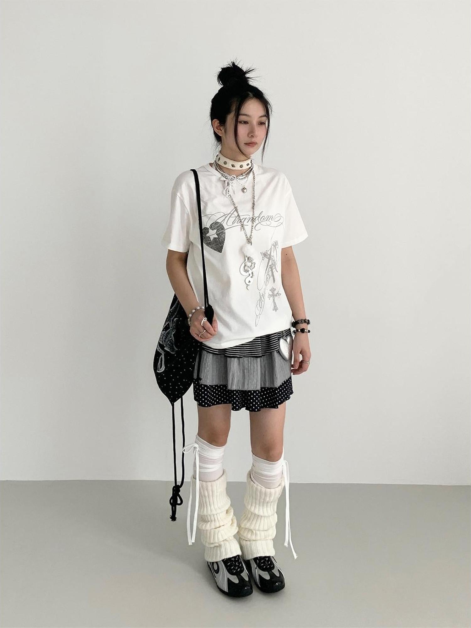 atrandom Original Hollow Mirror Print Loose Fit Black White T-Shirt