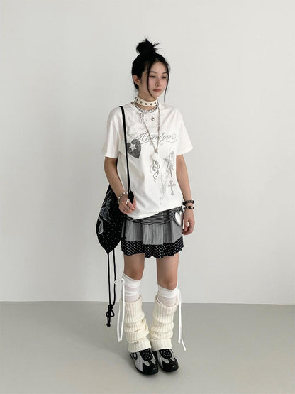 atrandom Original Hollow Mirror Print Loose Fit Black White T-Shirt
