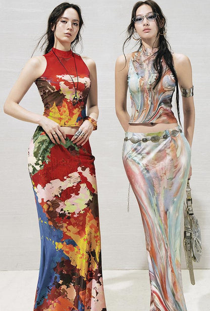 OfAkiva Original Nature Art Print Vest Bias-Cut Skirt Set 2Pcs