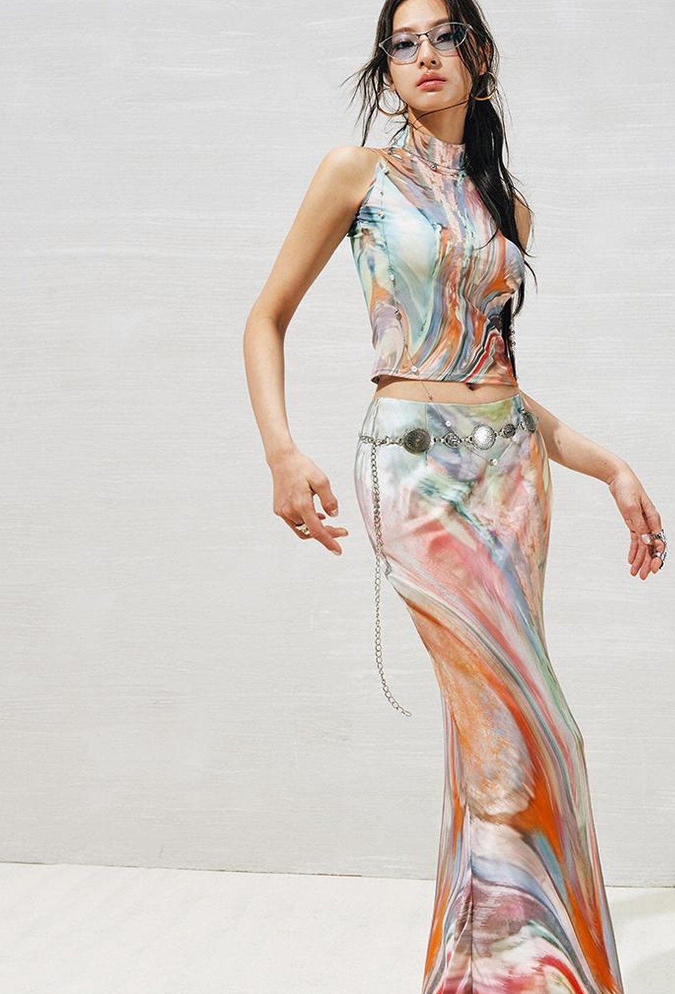 OfAkiva Original Nature Art Print Vest Bias-Cut Skirt Set 2Pcs