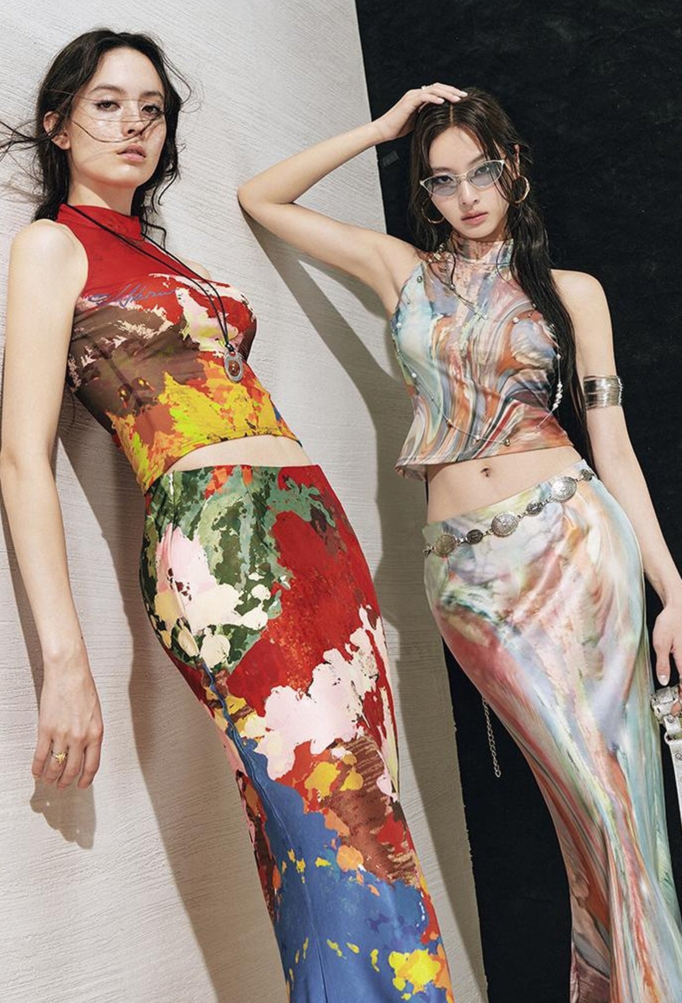 OfAkiva Original Nature Art Print Vest Bias-Cut Skirt Set 2Pcs