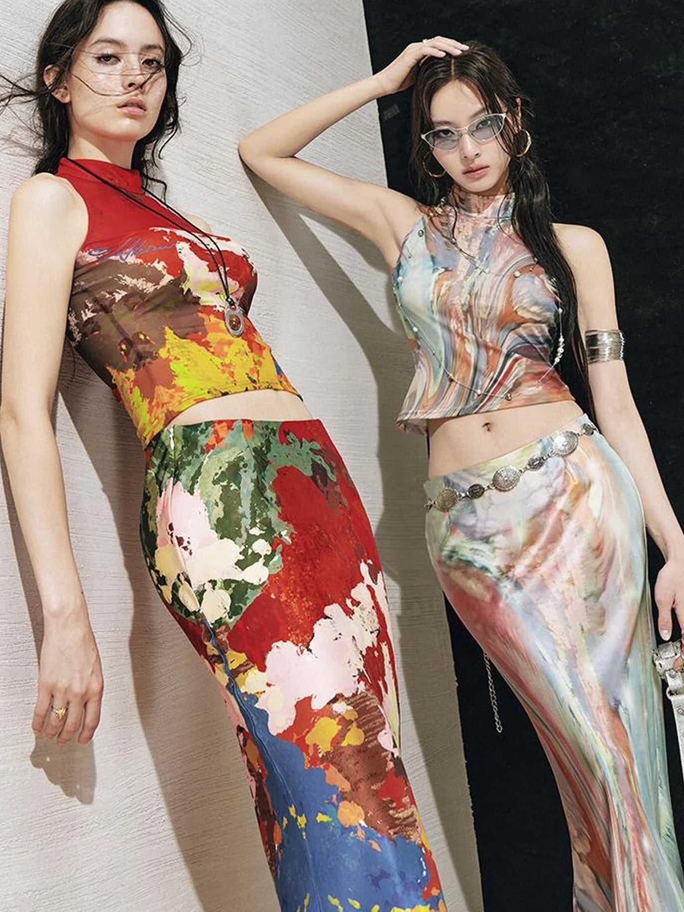 Original Nature Art Print Vest Bias-Cut Skirt Set 2Pcs