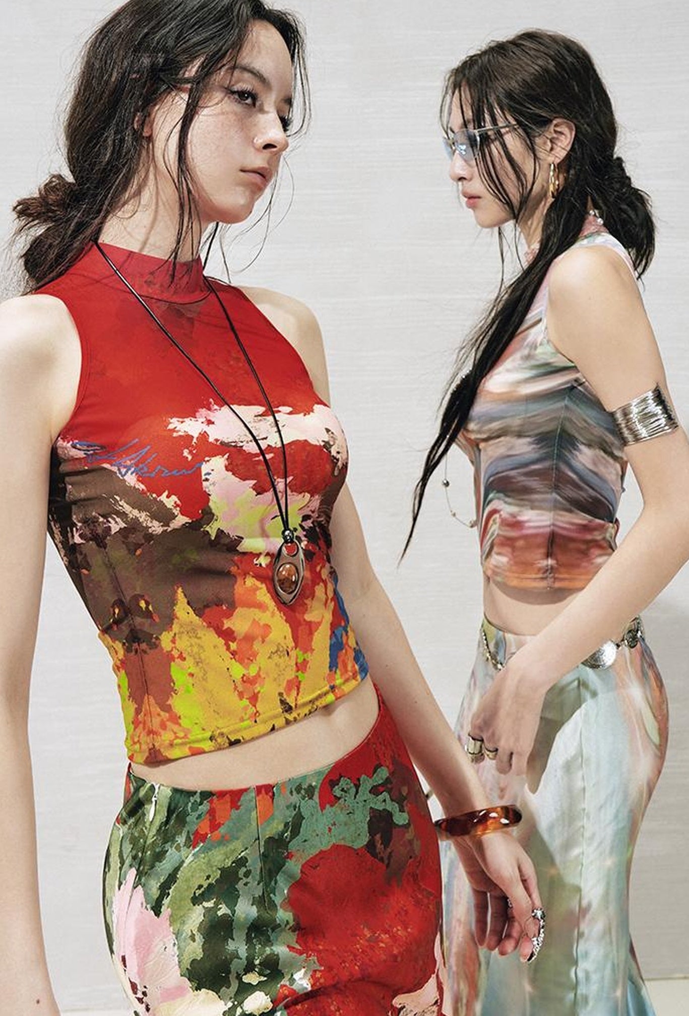 OfAkiva Original Nature Art Print Vest Bias-Cut Skirt Set 2Pcs