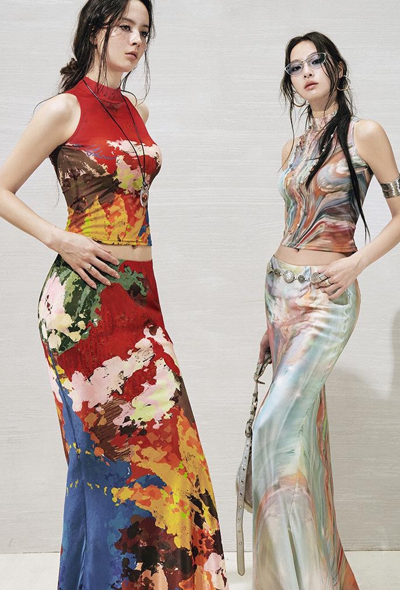 OfAkiva Original Nature Art Print Vest Bias-Cut Skirt Set 2Pcs