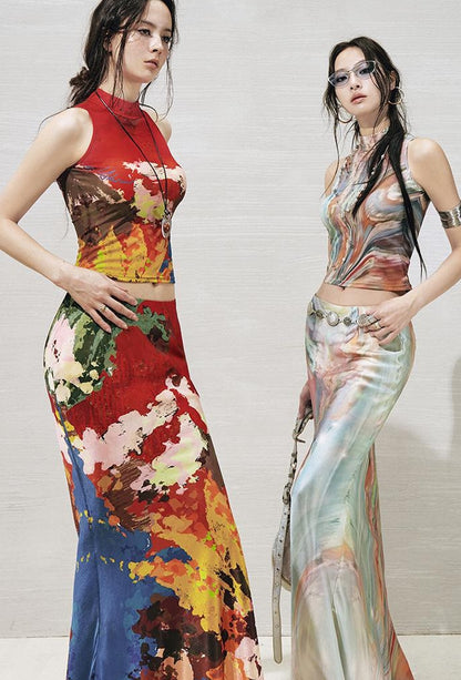 OfAkiva Original Nature Art Print Vest Bias-Cut Skirt Set 2Pcs