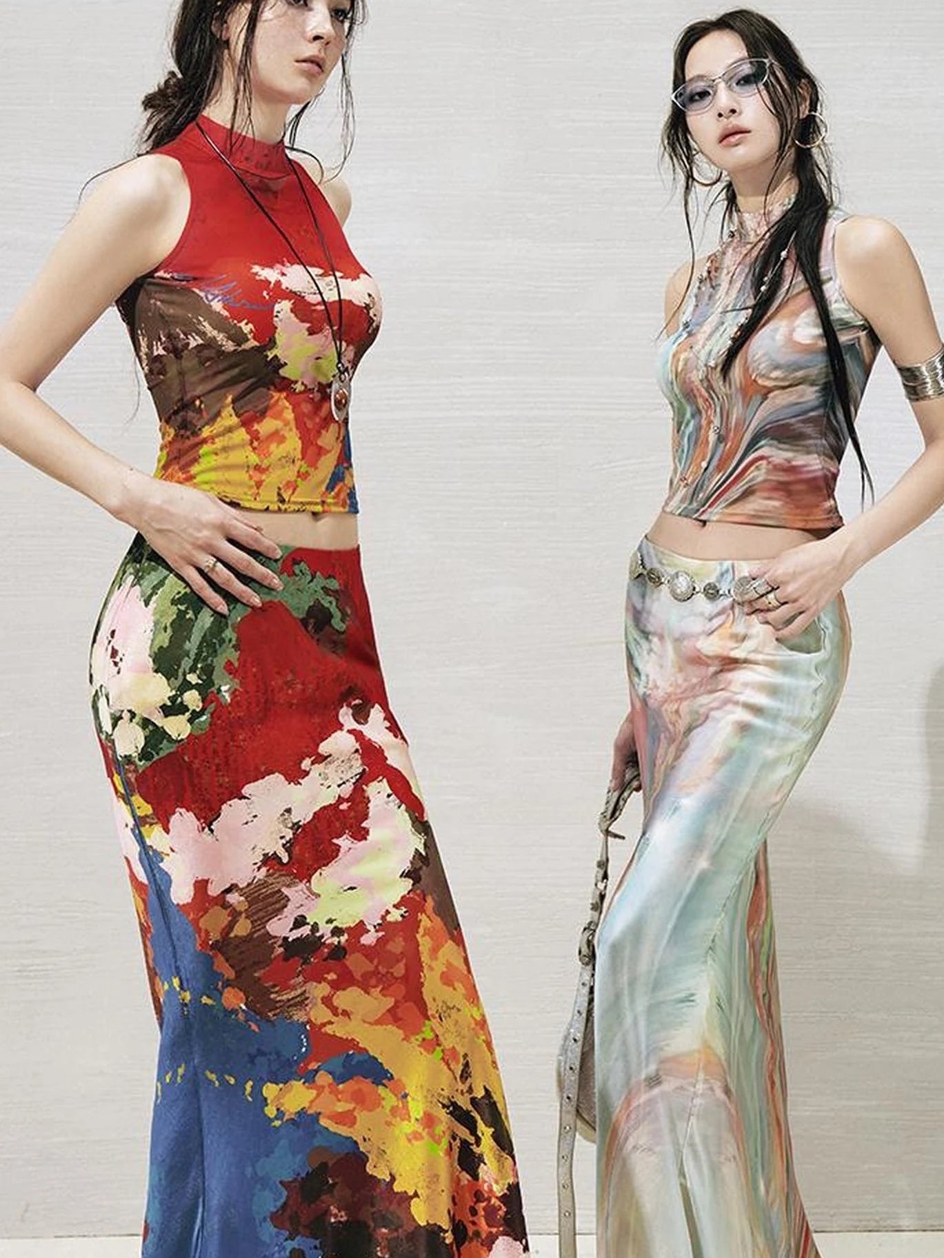 Original Nature Art Print Vest Bias-Cut Skirt Set 2Pcs