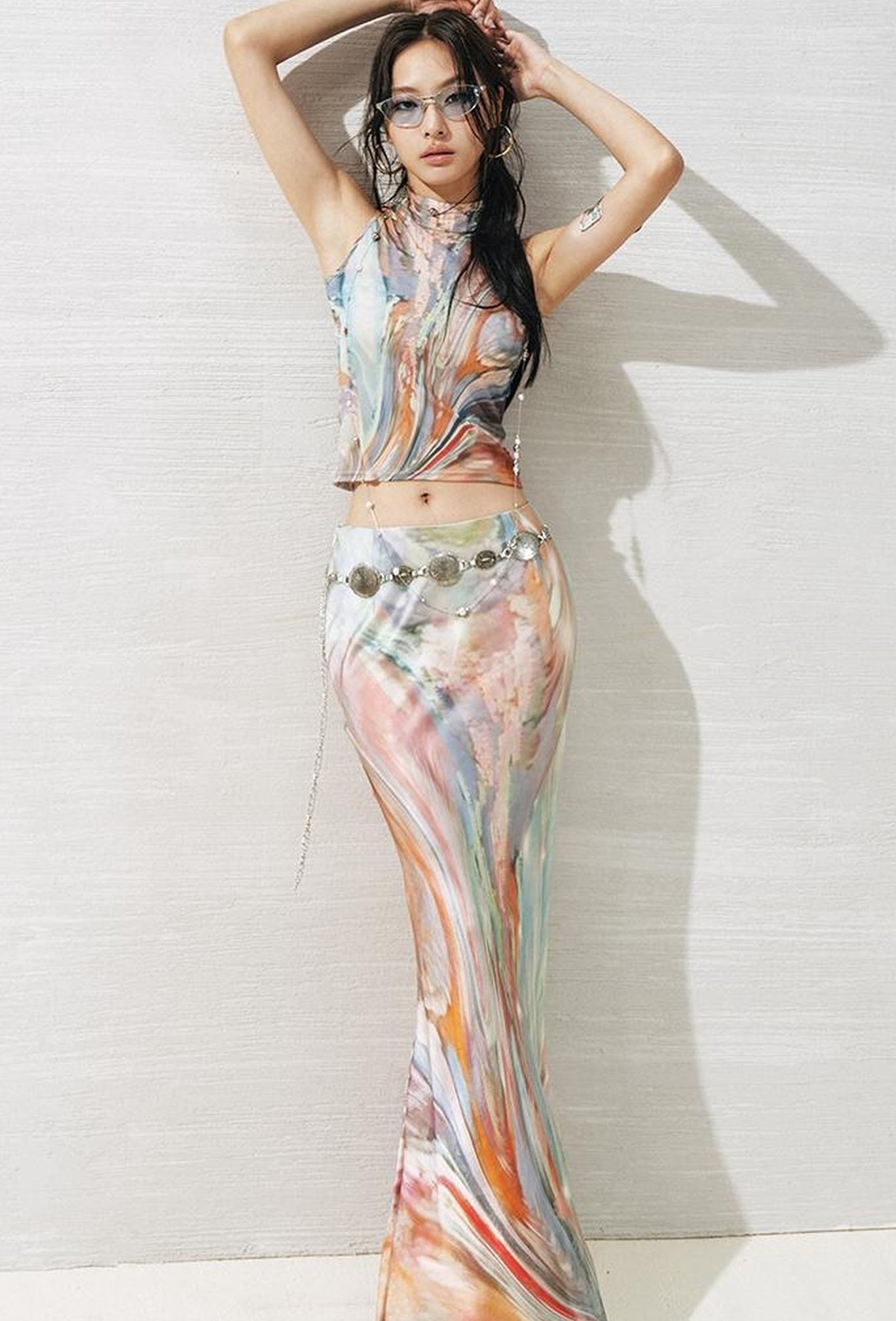 OfAkiva Original Nature Art Print Vest Bias-Cut Skirt Set 2Pcs
