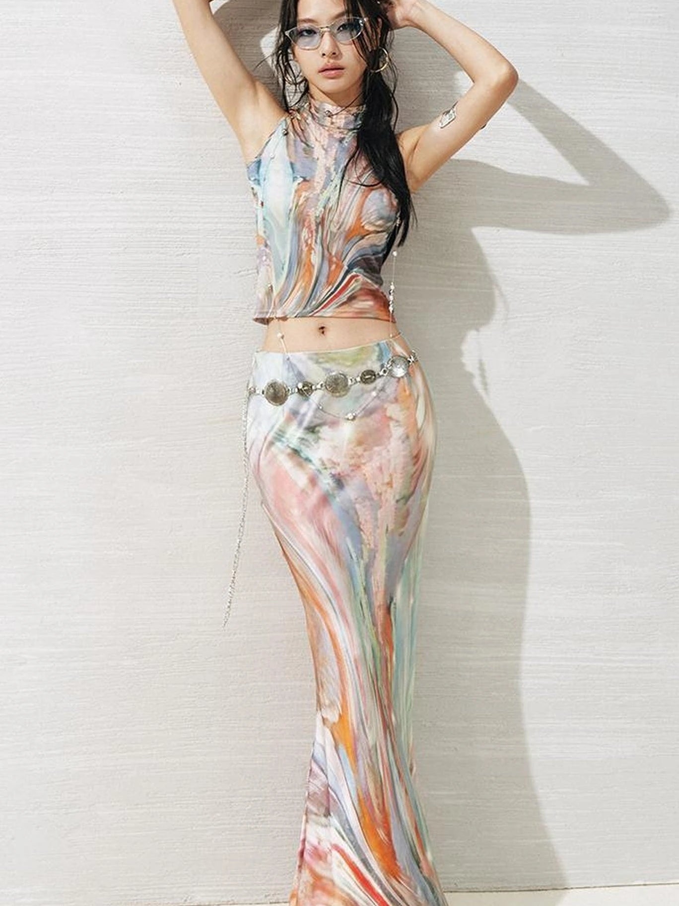 Original Nature Art Print Vest Bias-Cut Skirt Set 2Pcs