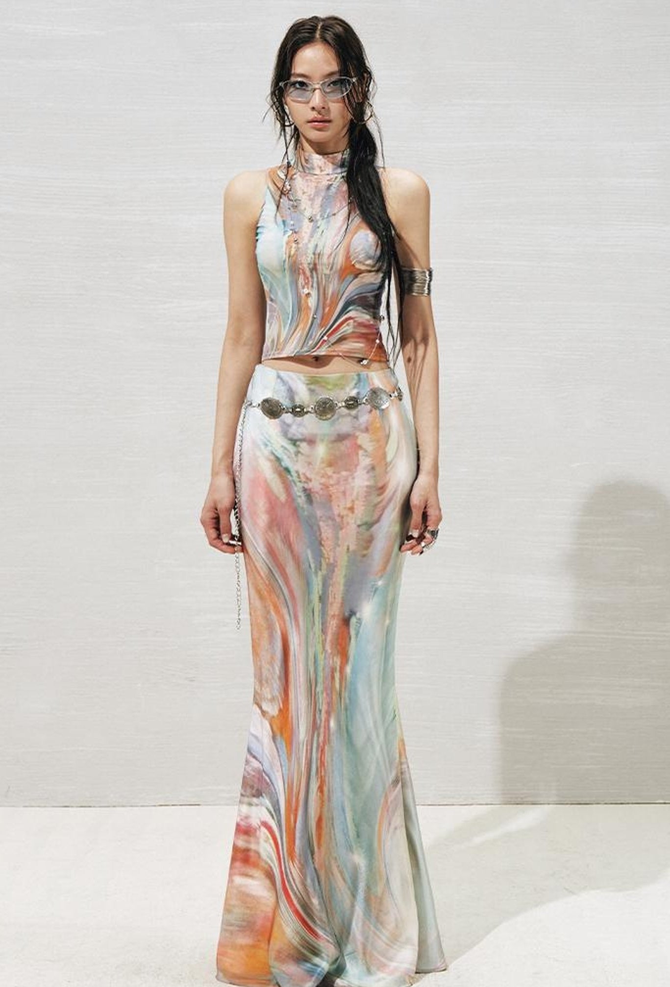 OfAkiva Original Nature Art Print Vest Bias-Cut Skirt Set 2Pcs