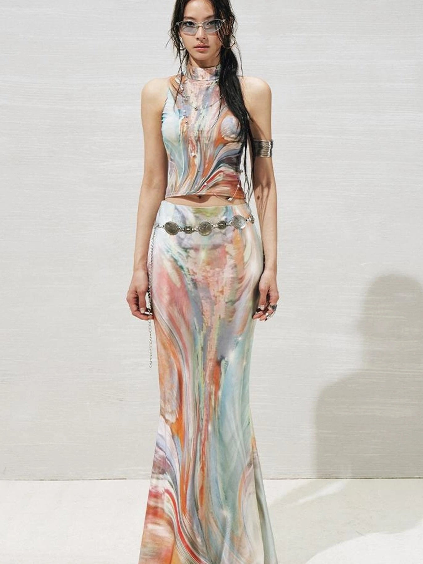 Original Nature Art Print Vest Bias-Cut Skirt Set 2Pcs