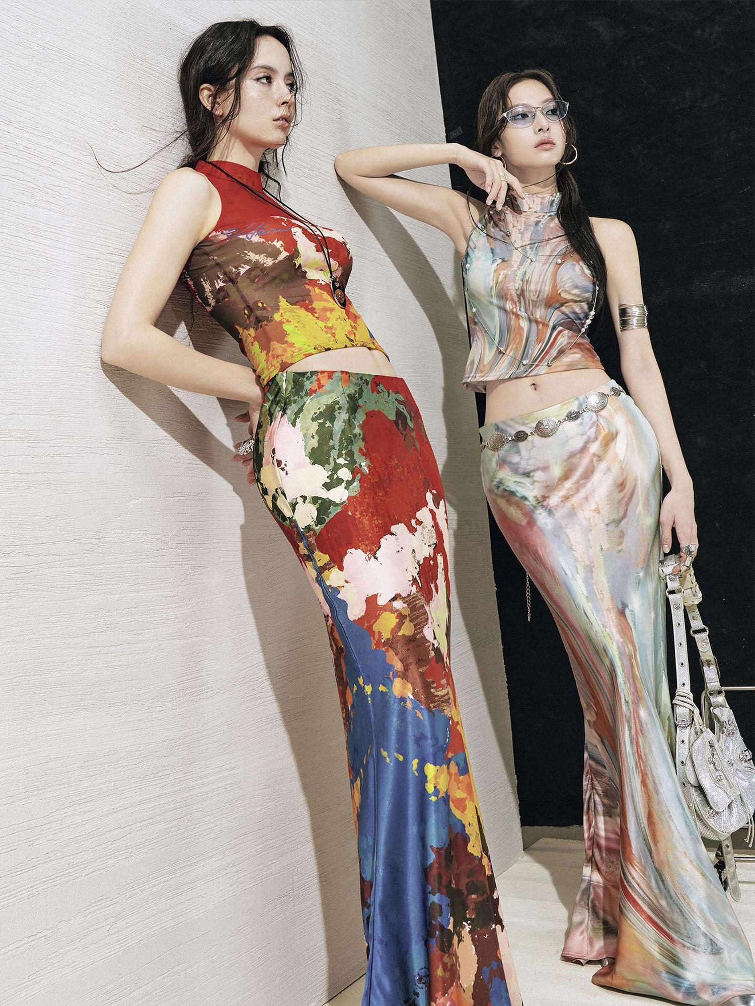 OfAkiva Original Nature Art Print Vest Bias-Cut Skirt Set 2Pcs