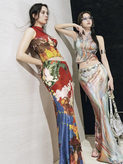 Original Nature Art Print Vest Bias-Cut Skirt Set 2Pcs