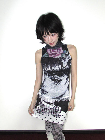 OurHappy Black White Manga Print Double Layer Mesh Mock Neck Women&