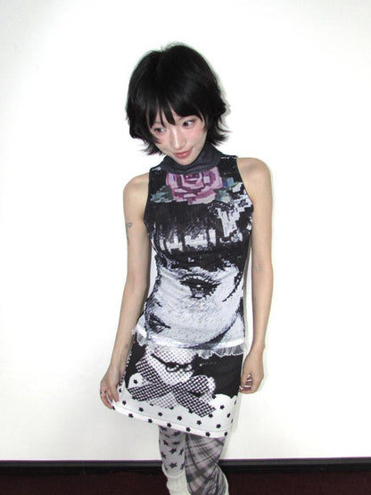 OurHappy Black White Manga Print Double Layer Mesh Mock Neck Women&