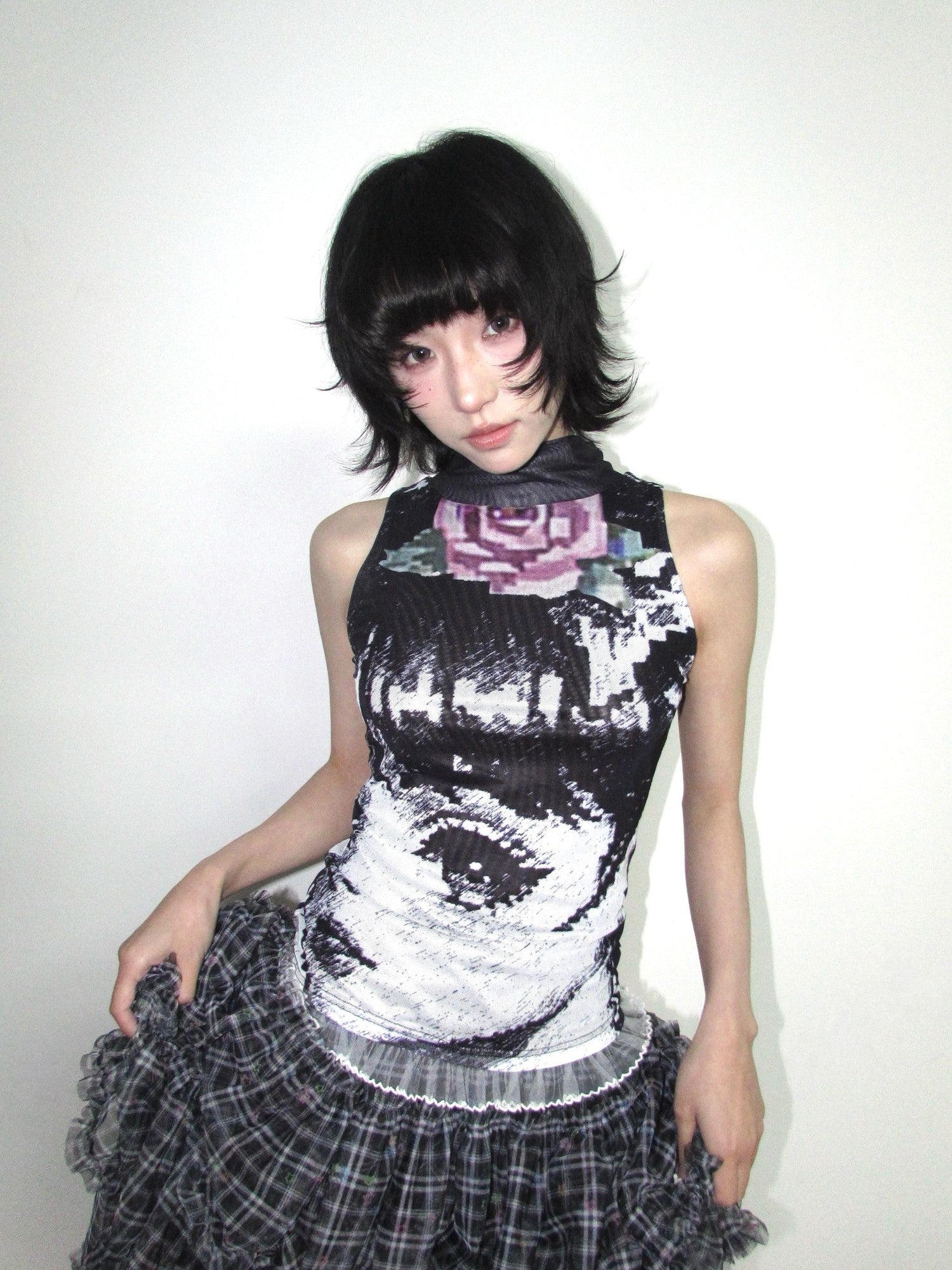 OurHappy Black White Manga Print Double Layer Mesh Mock Neck Women&