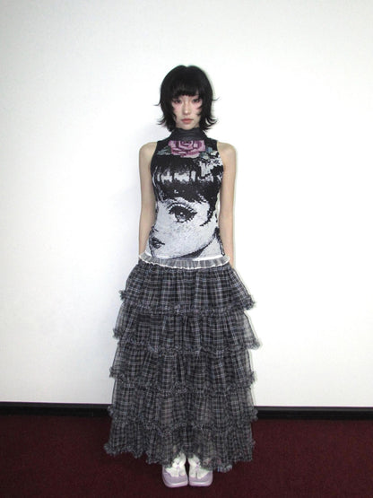 OurHappy Black White Manga Print Double Layer Mesh Mock Neck Women&