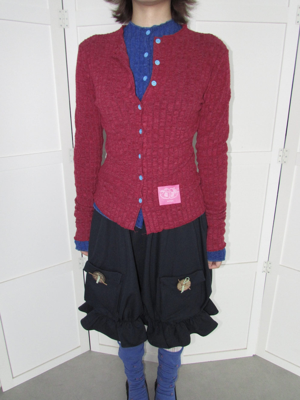 OurHappy_Candy_Color_Ribbed_Knit_Ruffle_Button_Down_Women&
