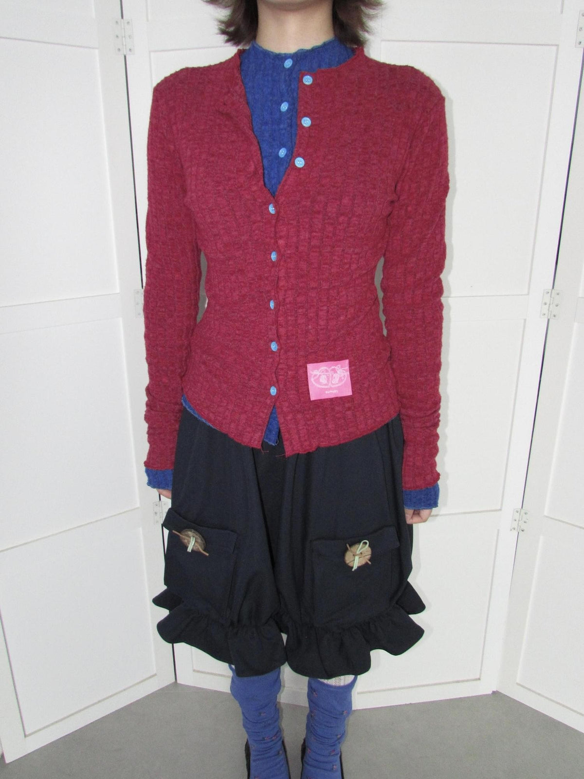 OurHappy Candy Color Ribbed Knit Ruffle Button Down Women&