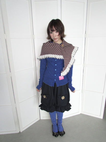 OurHappy Candy Color Ribbed Knit Ruffle Button Down Women&