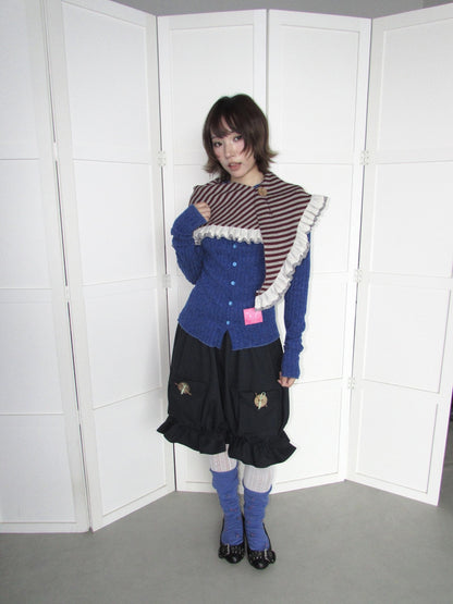 OurHappy Candy Color Ribbed Knit Ruffle Button Down Women&
