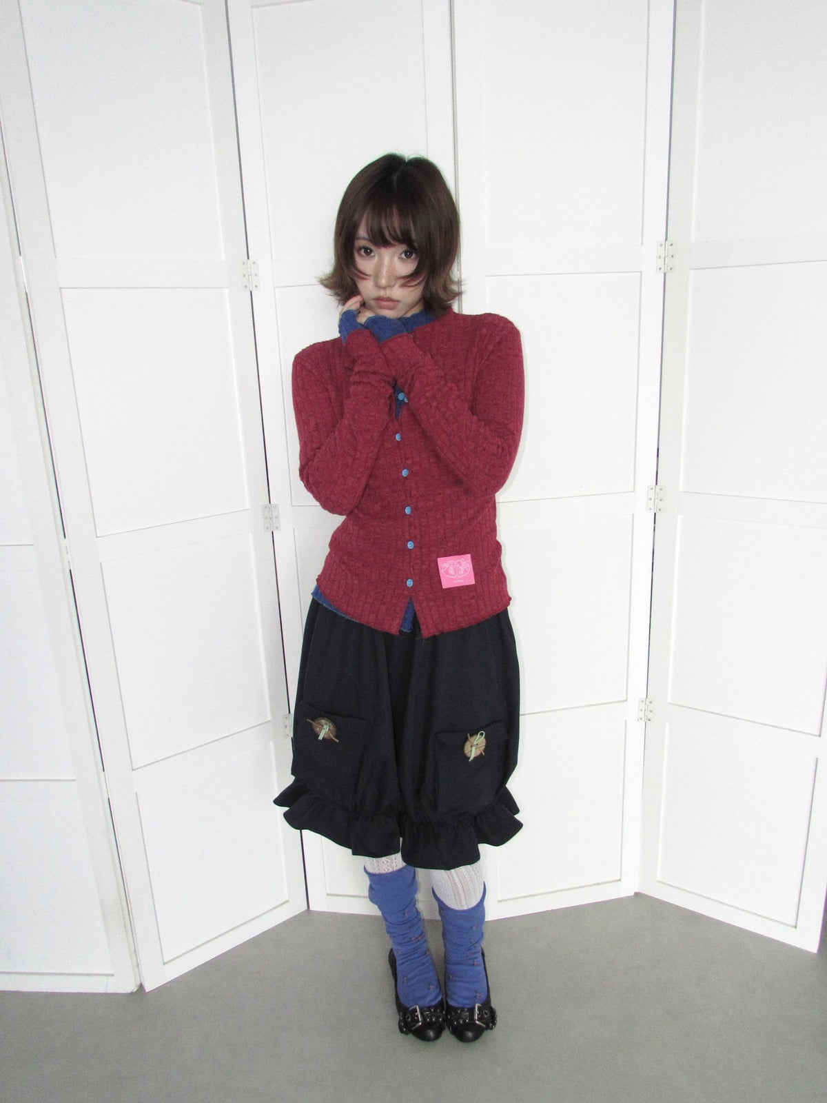 OurHappy Candy Color Ribbed Knit Ruffle Button Down Women&