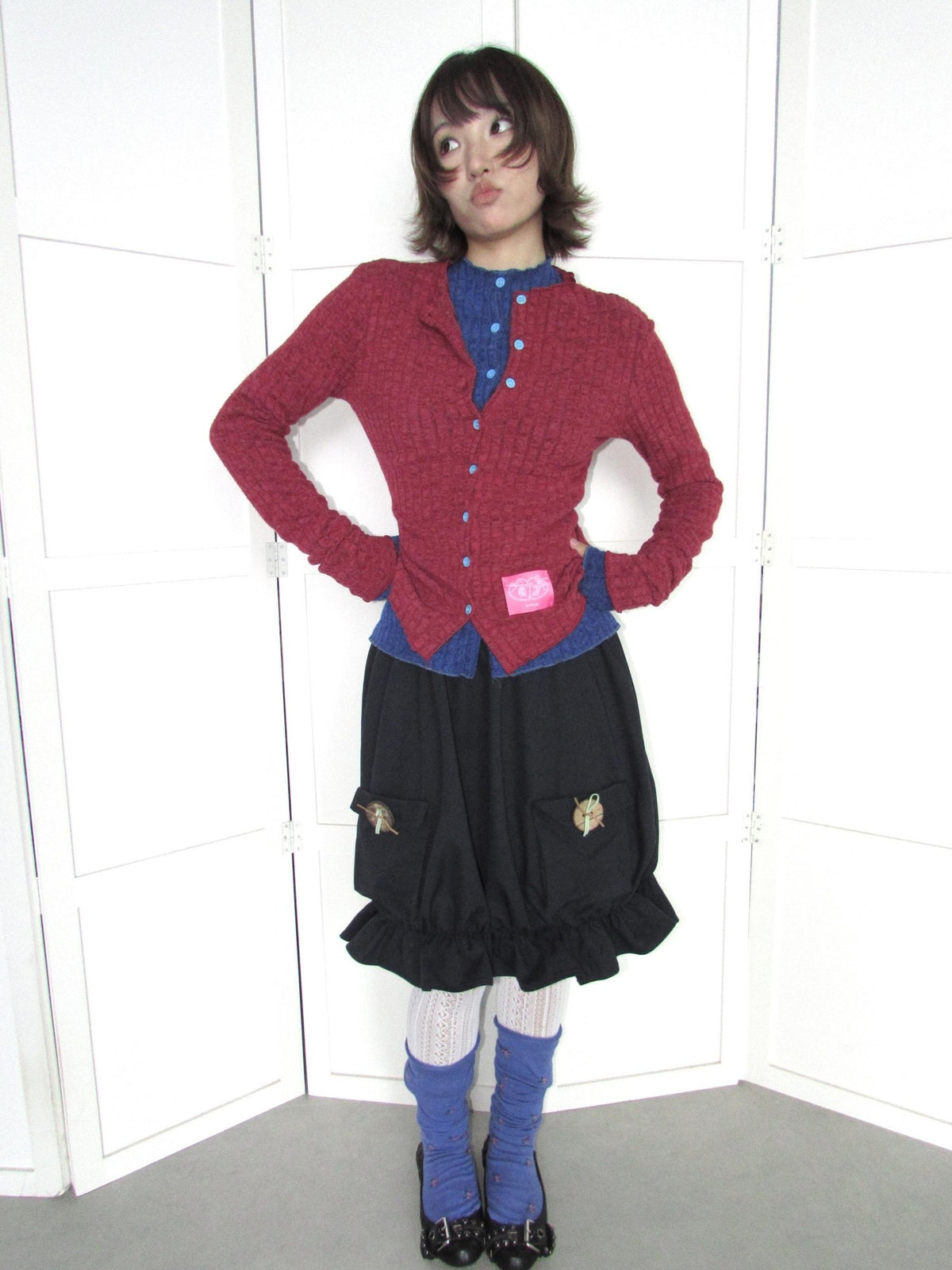 OurHappy Candy Color Ribbed Knit Ruffle Button Down Women&