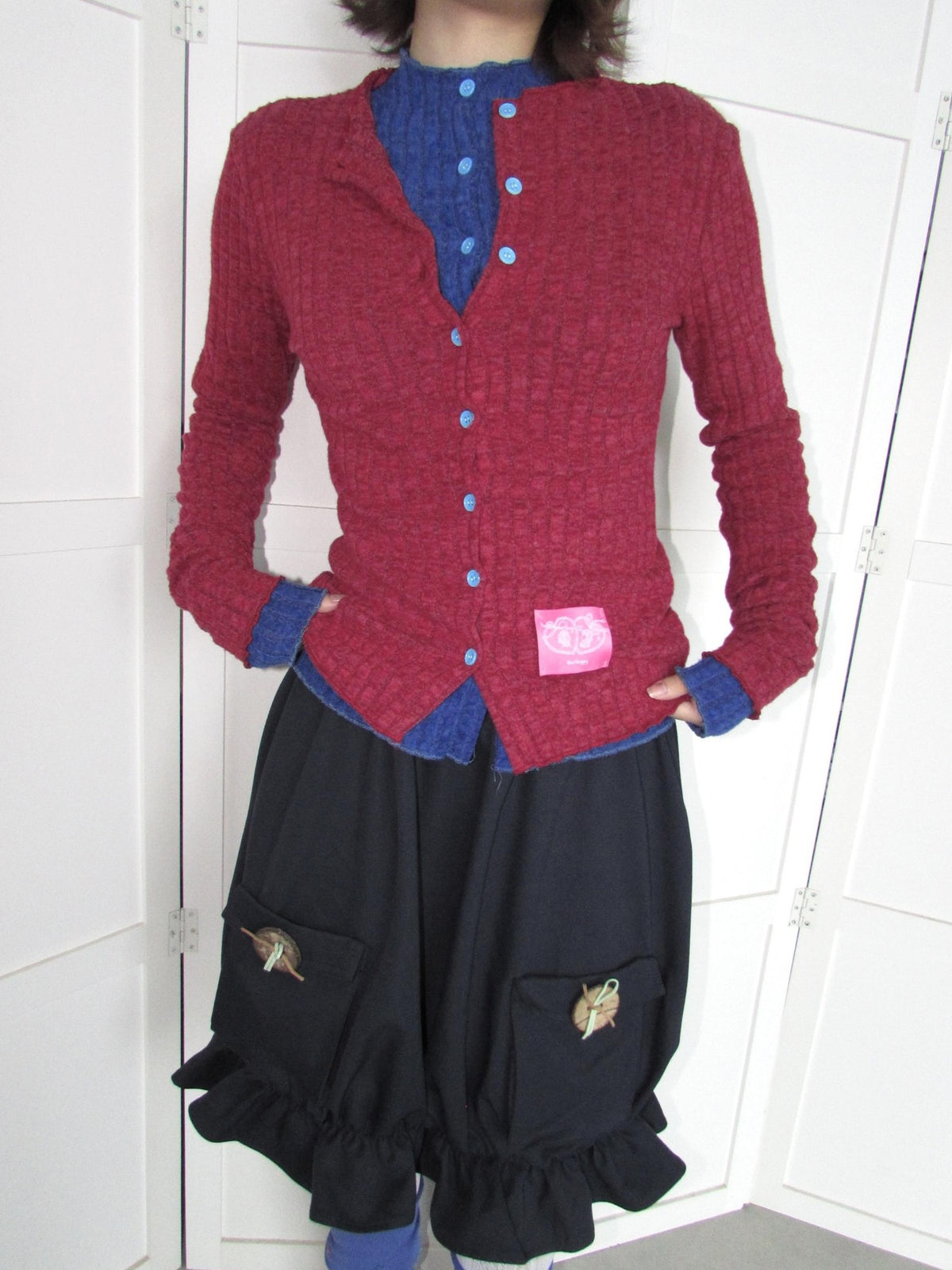 OurHappy Candy Color Ribbed Knit Ruffle Button Down Women&