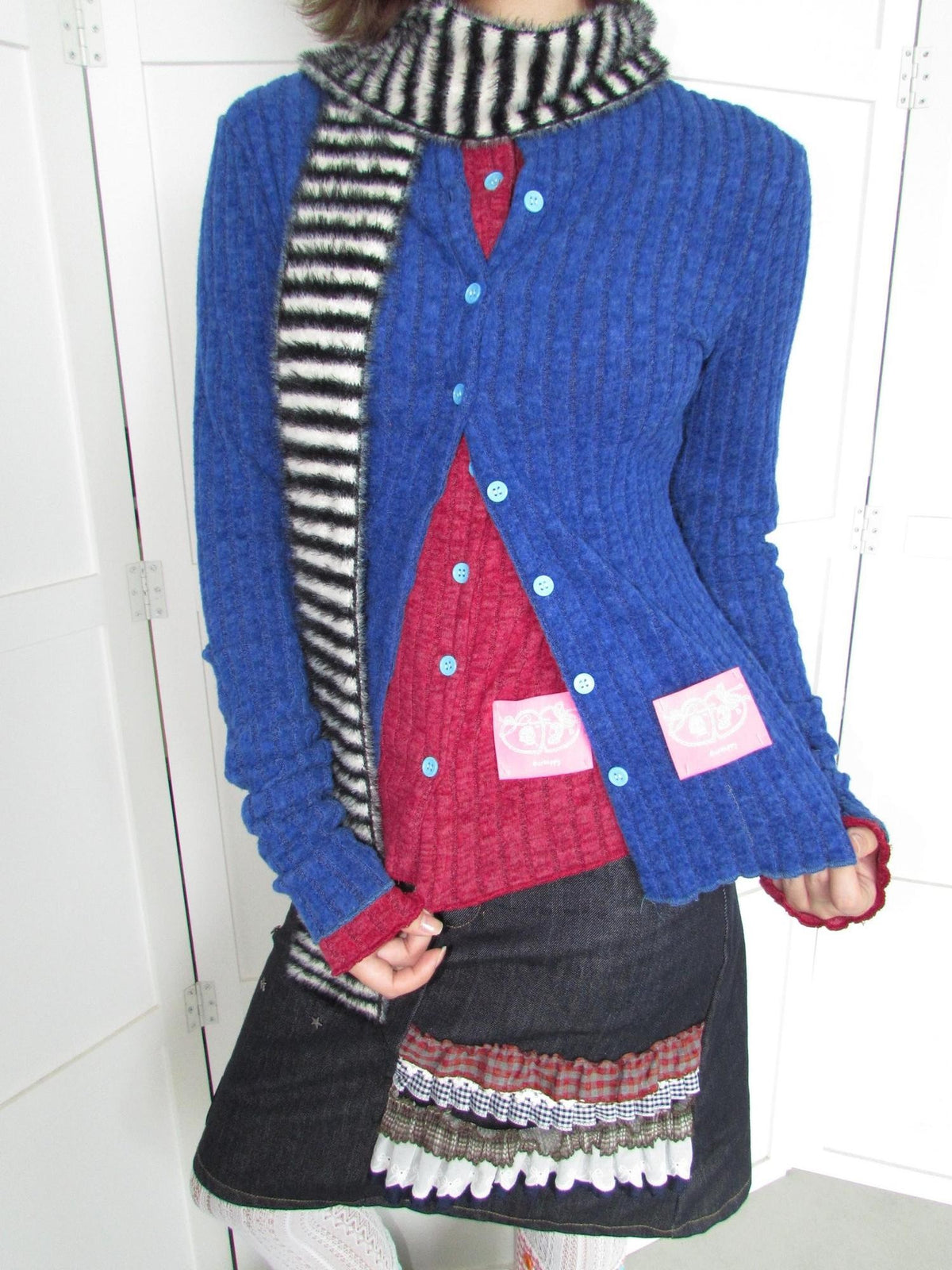 OurHappy Candy Color Ribbed Knit Ruffle Button Down Women&