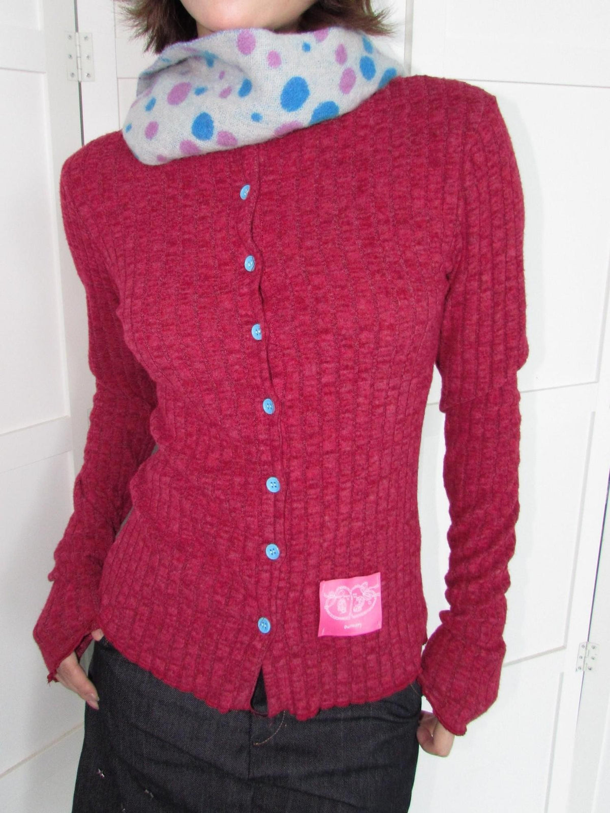 OurHappy Candy Color Ribbed Knit Ruffle Button Down Women&