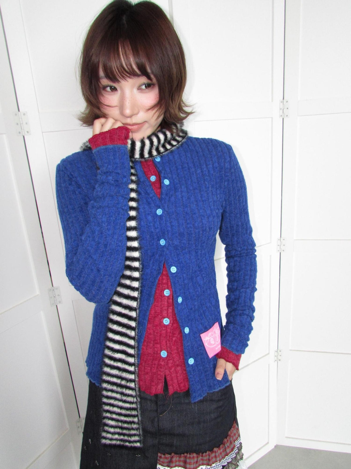 OurHappy Candy Color Ribbed Knit Ruffle Button Down Women&
