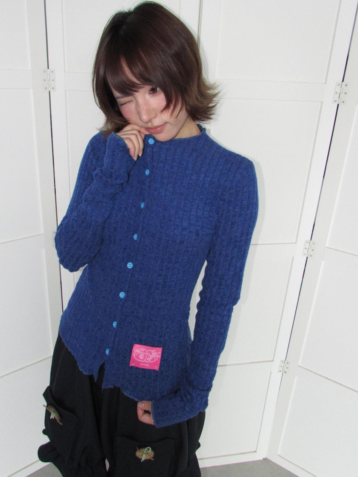OurHappy Candy Color Ribbed Knit Ruffle Button Down Women&