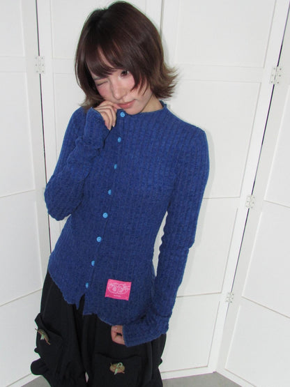 OurHappy Candy Color Ribbed Knit Ruffle Button Down Women&