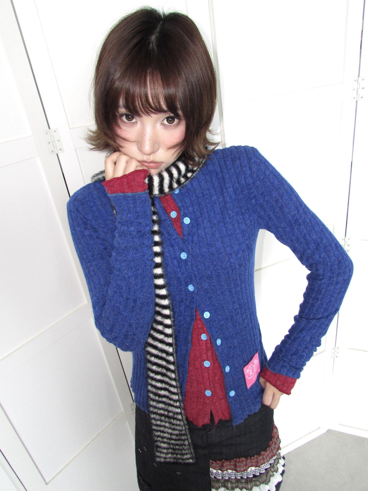 OurHappy Candy Color Ribbed Knit Ruffle Button Down Women&